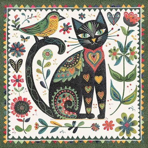 IVN 10PCS 12x12 Folk Art Cat & Bird Vinyl Floor Stickers