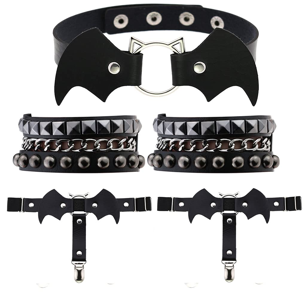 5Pcs Women Leather Garters Girl Punk Leather Choker Necklace Cuff Bracelets Sets - One Size Blackb