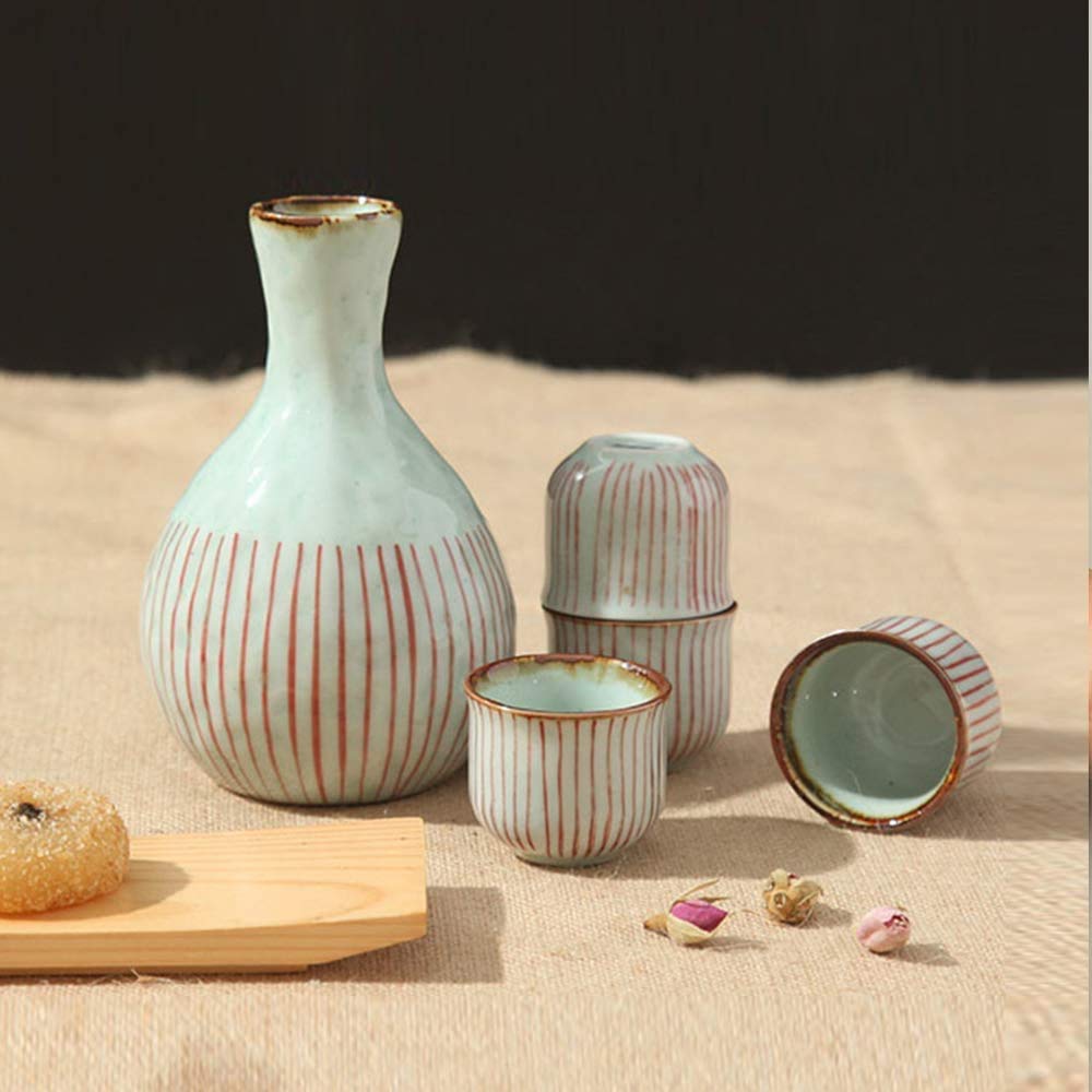 Tasse à saké traditionnelle, verres à vin en céramique, ensemble de 5 pièces à saké japonais, 1 bouteille de saké de 14 oz et 4 tasses à saké de 1,7 oz, motif à rayures verticales rouges, bouteille d'