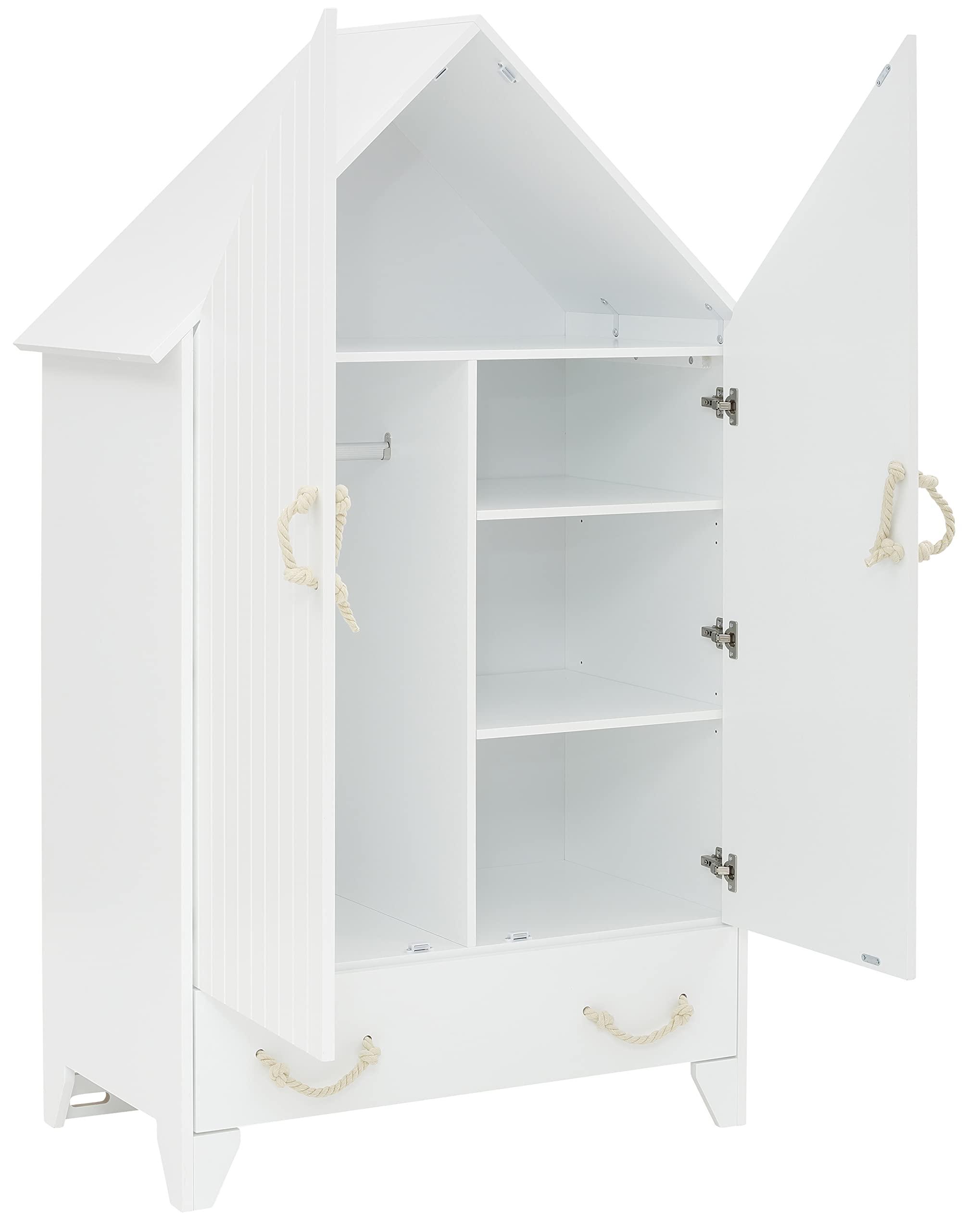 Puckdaddy Carlotta | Kleiderschrank 110x55x187cm | Kinderkleiderschrank weiß lackiert | Babyzimmer und Kinderzimmer | Babyschrank Haus | Stauraum für Kleidung und Spielzeug | inkl. Jutephasergriffe