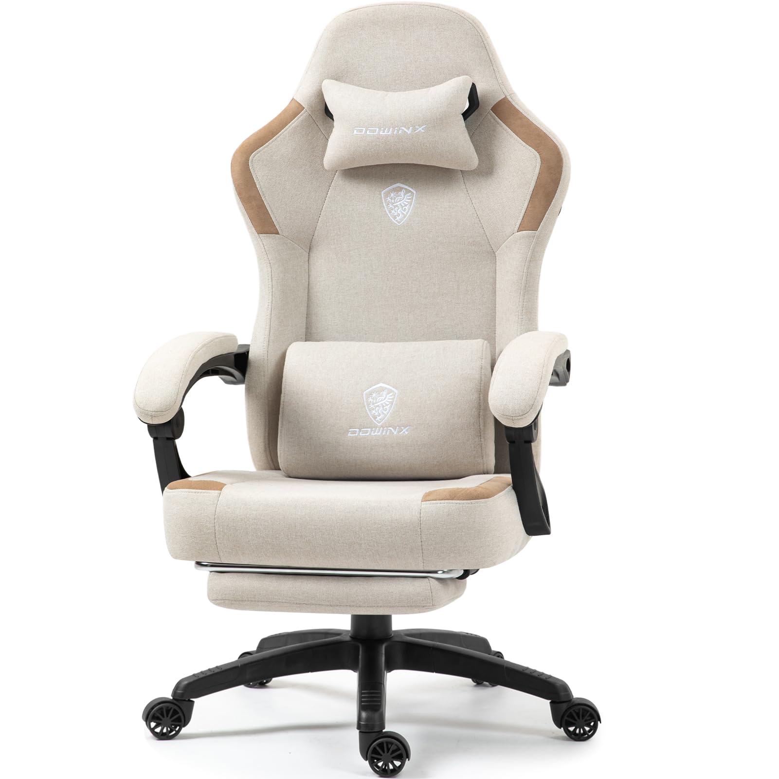 Dowinx Silla de gaming de tela con cojín de primavera, sillón de masaje con reposapiés, silla ergonómica para PC, silla de oficina, soporta 150 kg, color beige