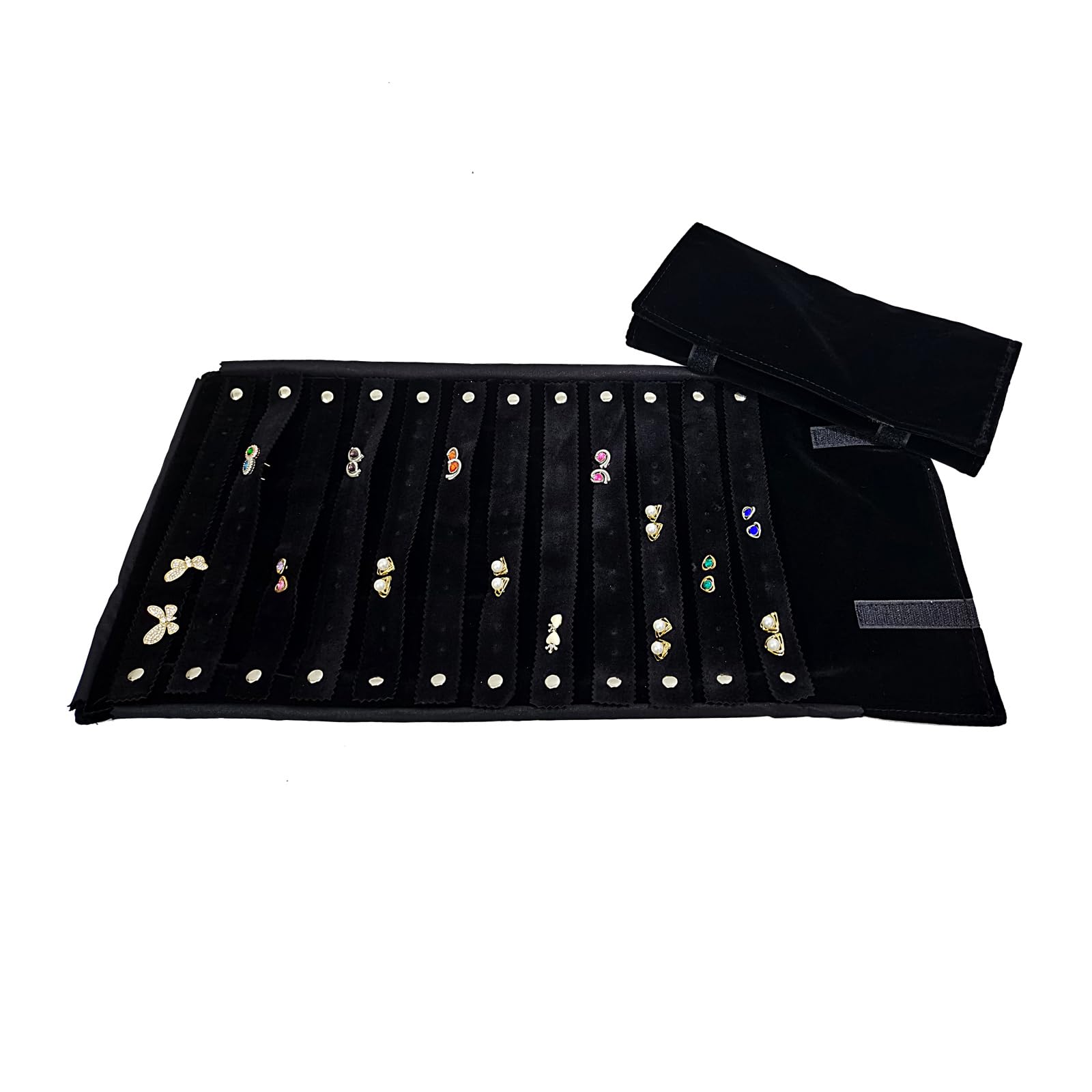 Organizador de joyas de viaje, bolsa de almacenamiento plegable para aretes de viaje para mujer (terciopelo negro, M)