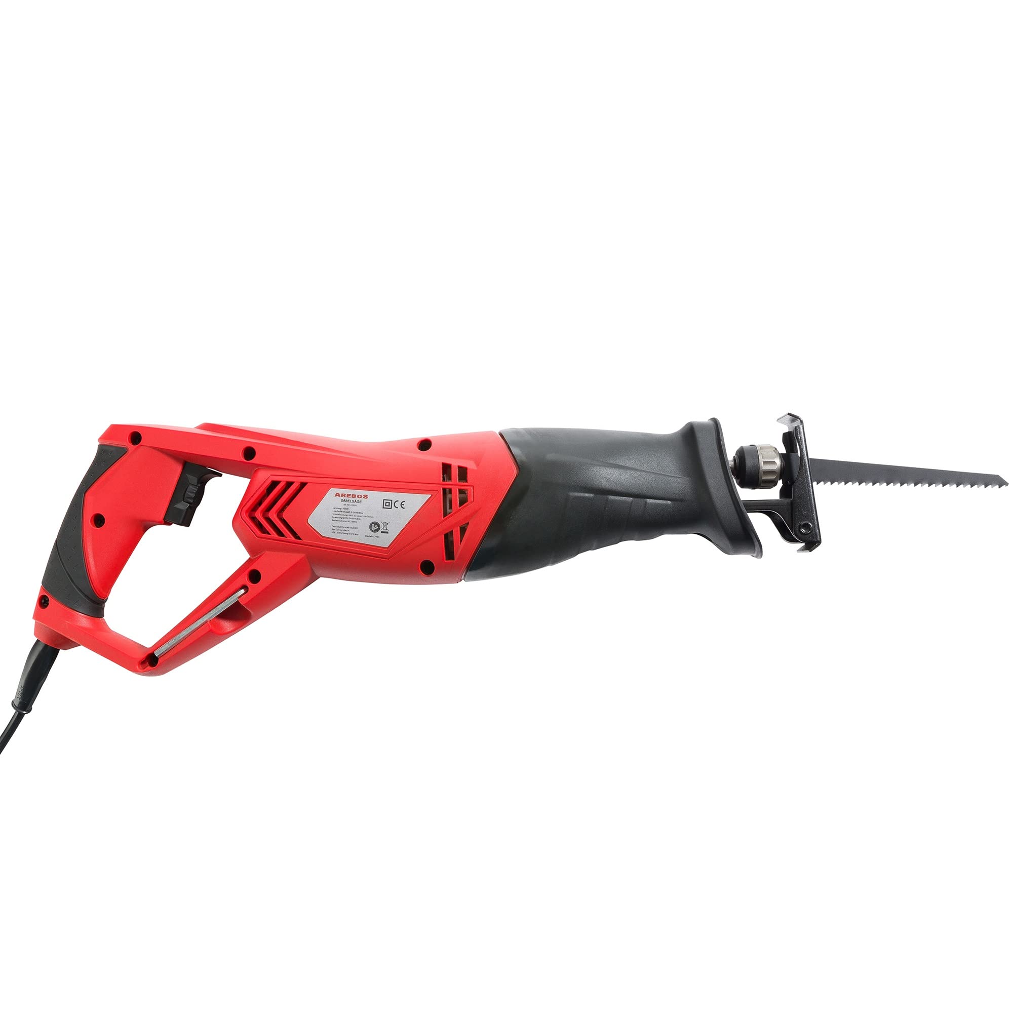 Arebos Scie Sabre Scie a Bois électrique | 750 W | Noir | Rouge | 130 mm | en Bois et en Métal | Patin de Guidage Réglable