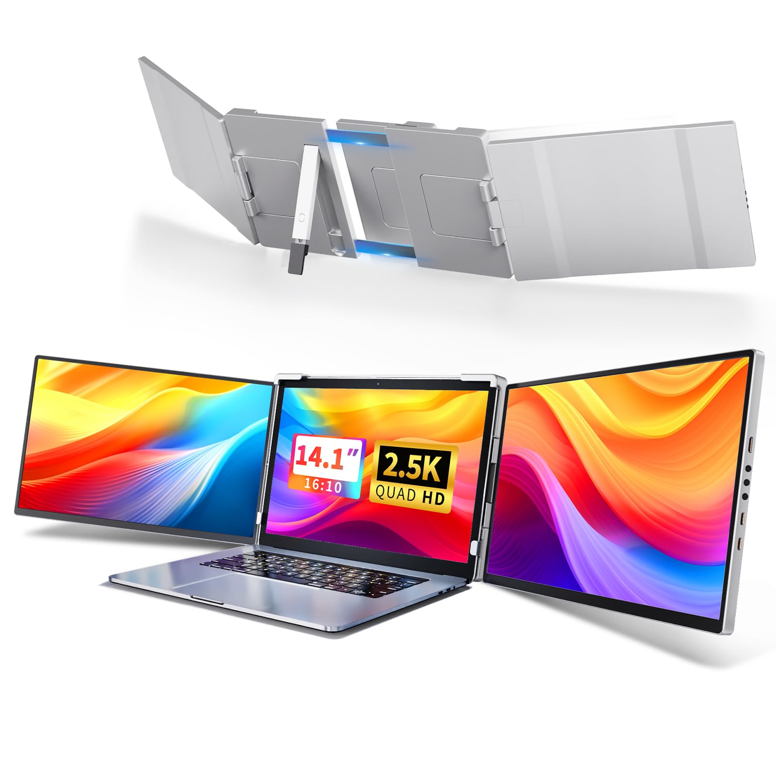 Fzaqwen Triple Screen Laptop Monitor Extender - 2.5K QHD IPS Triple Portable Monitor for Laptop 13.3-17 Inch, Plug Play and Compatible with MacOS/Wins