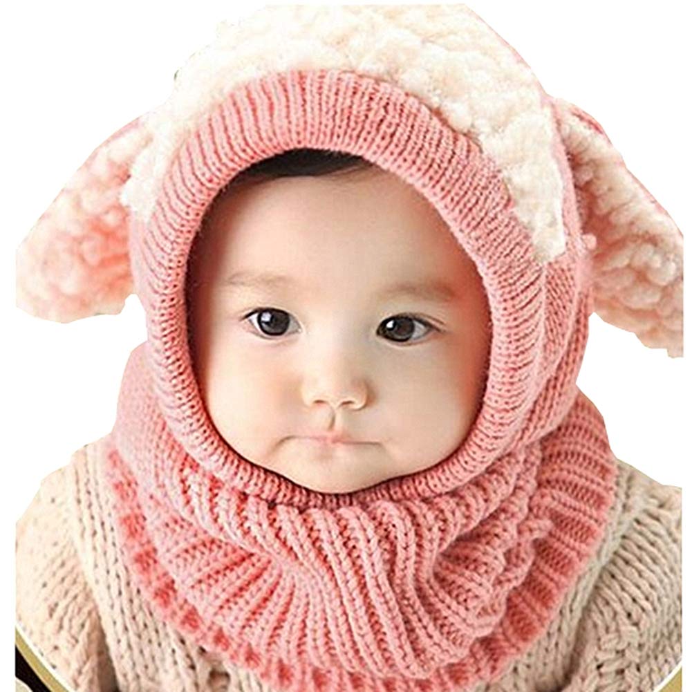 Scarf Woolen Earflap Hood Warm Skull Knit Caps?Crochet Earflap Pilot Hats Beanie Cap for Toddlers Baby Girls and Boys (Hat4-Pink)