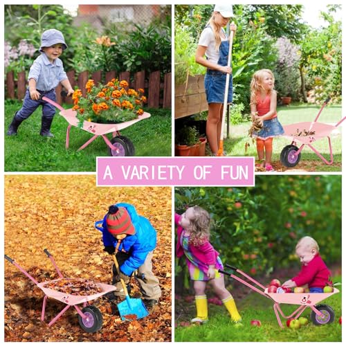 YORFULL Schubkarrenset für Kinder, Gartengeräte Kinder mit Metall Schubkarre, Schaufel, Rechen und Handschuhen, Gartenwerkzeug zum Spielen im Freien (Rosa)