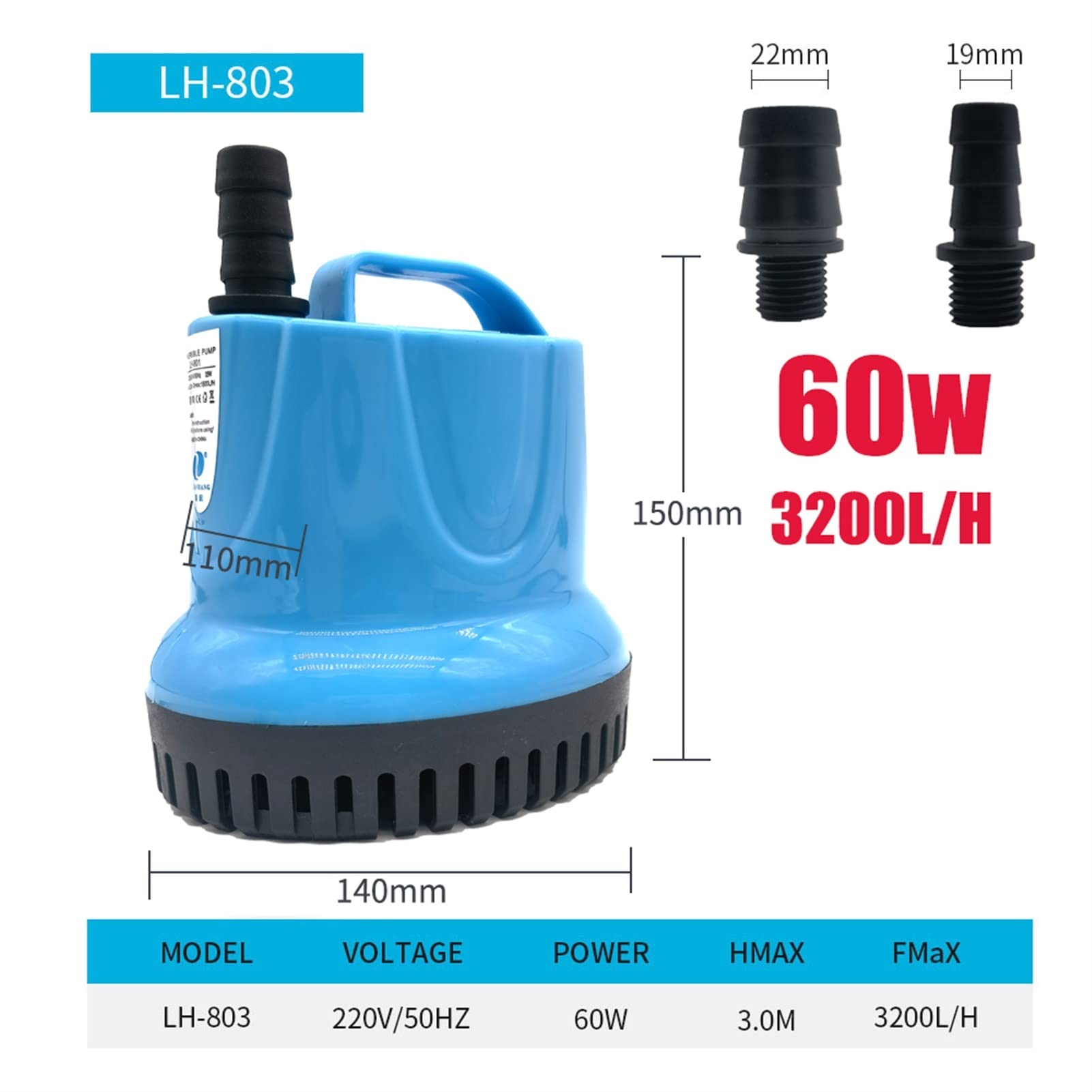 Bomba sumergible pequeña ajustable Bomba de agua sumergible 10/18/25/45/60/85/105 W, 600-4500 L/H, 220 V, for acuario, estanque, tanque, boquilla temperatura(60W)