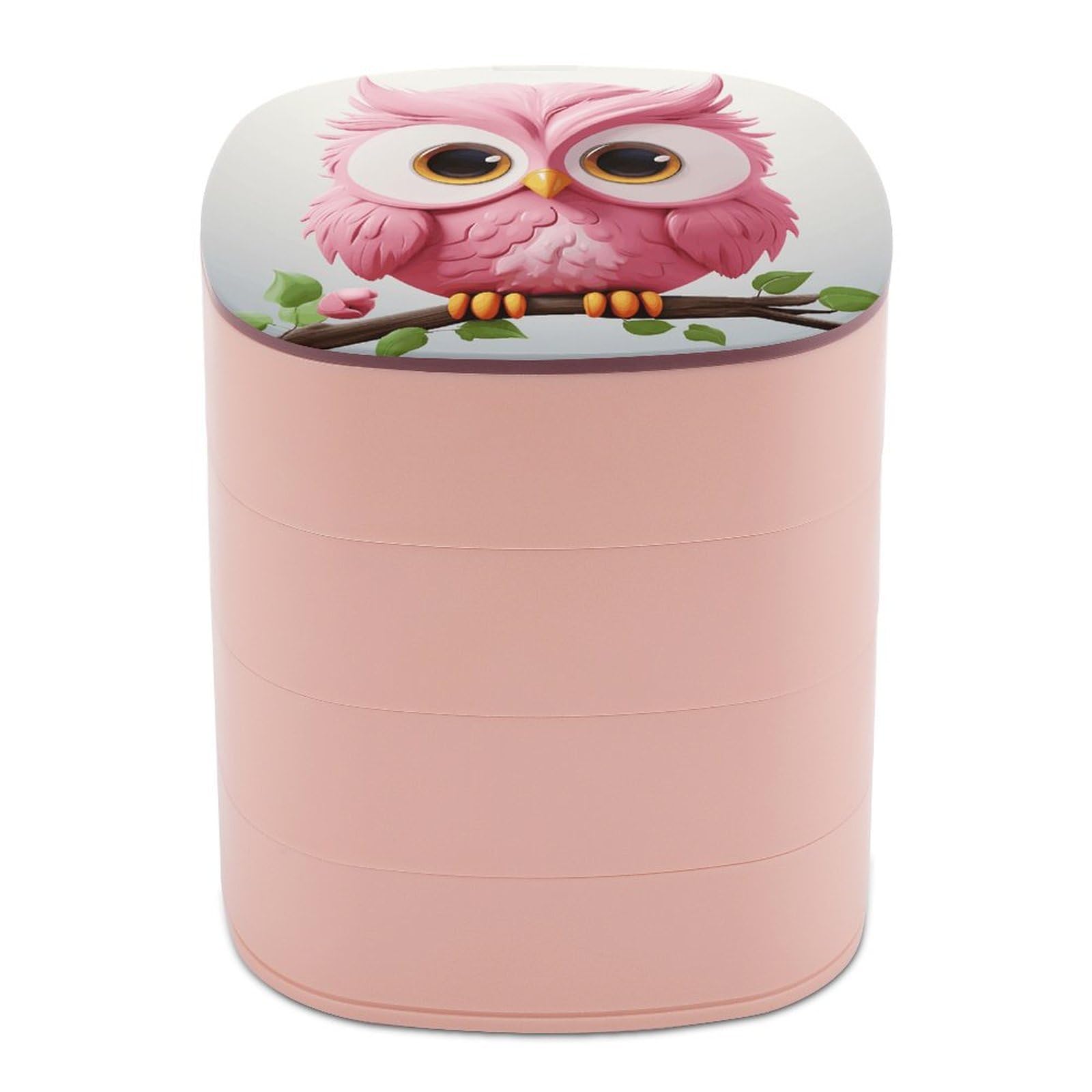 VstaDank A Pink Owl Jewelry Box 360° Rotatable Jewelry Organizer 4 Layers Jewelry Case with Lid Fashion Portable Earring Holder for Bracelets Rings Bracelets Vanity