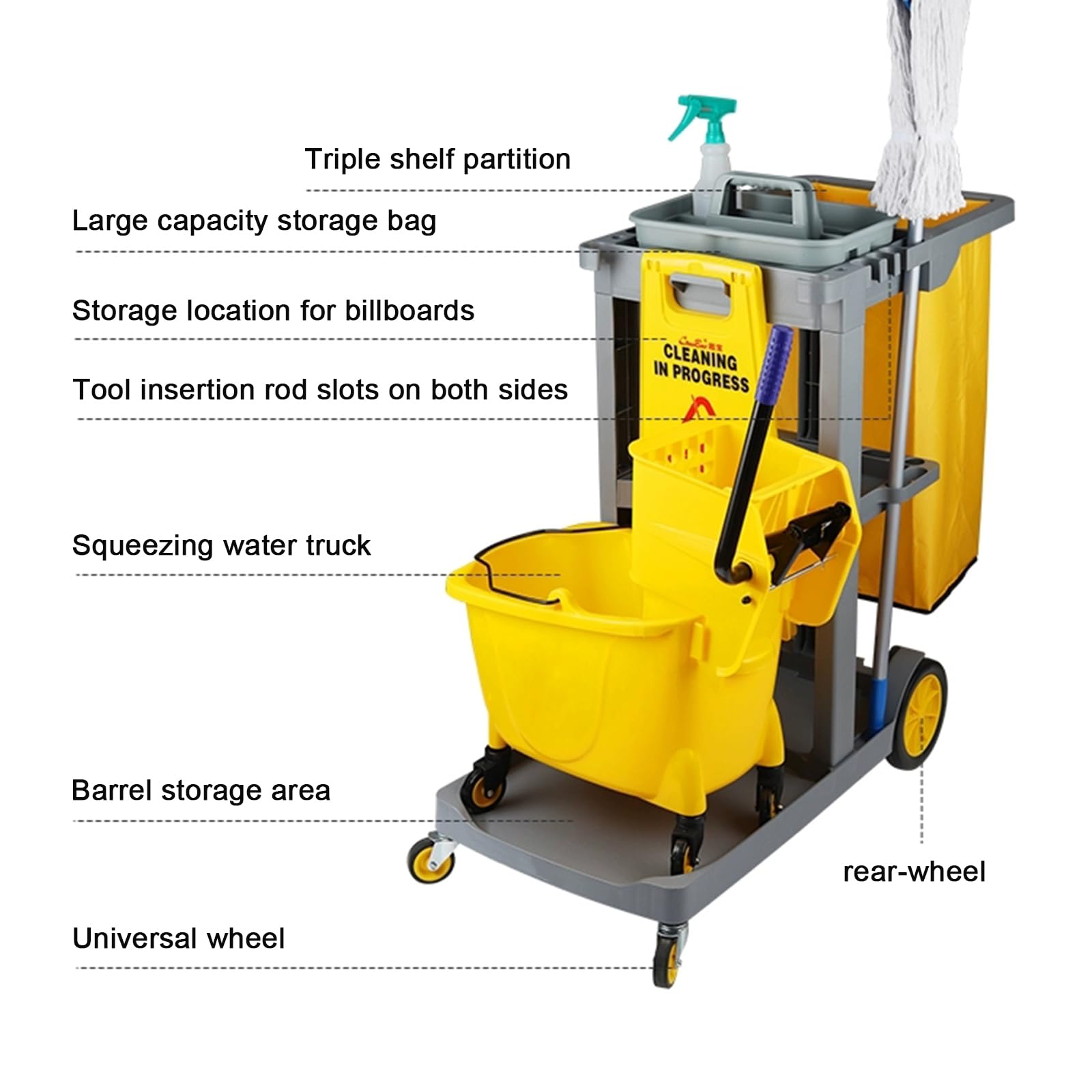 Carro de Limpieza Profesional Multifuncional,Trolleys Móviles,Cubo de fregado Profesional, Carro de limpieza viaria,para hotel, gastronomía, limpiador de edificios(Package A,Blue)