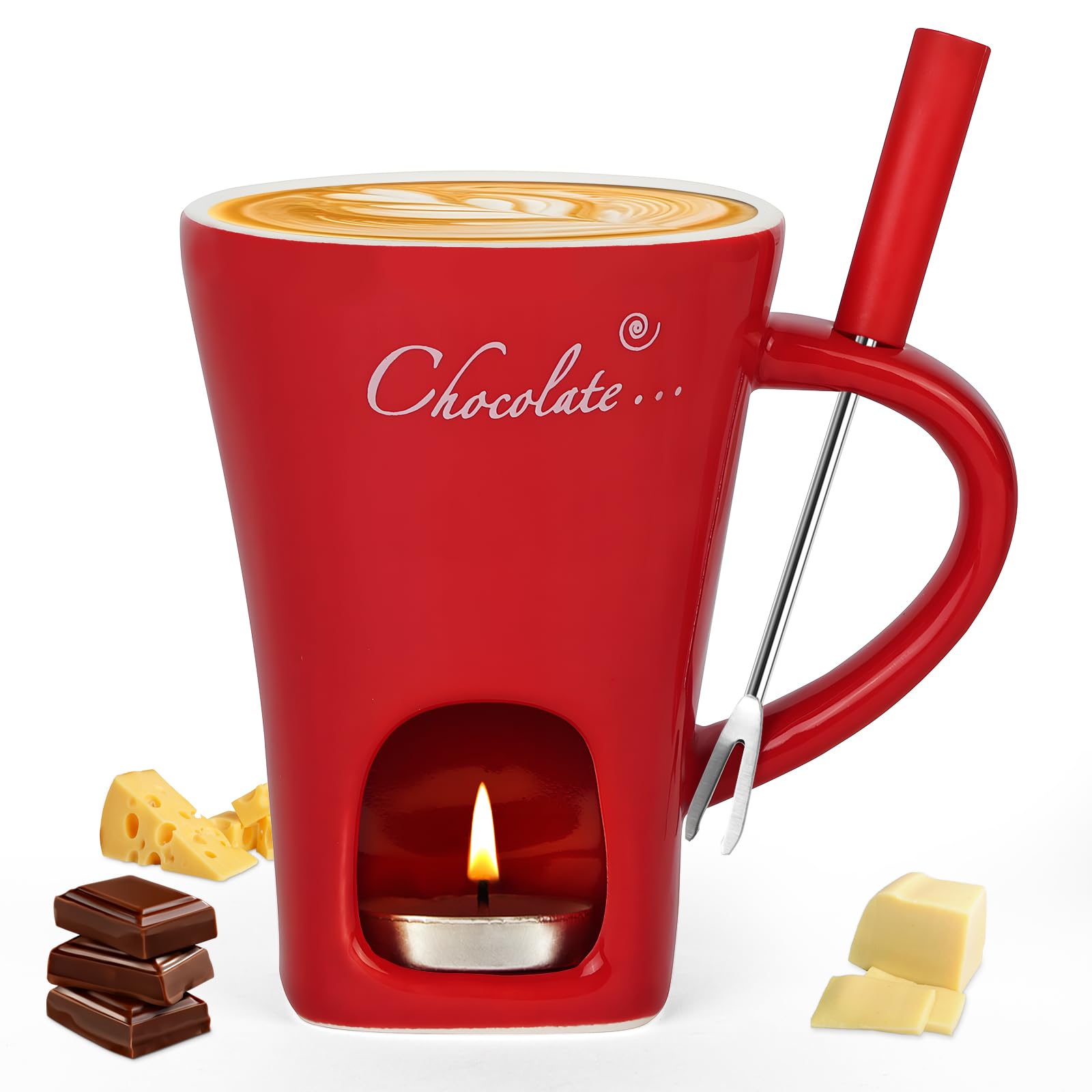 Vicloon Tazas de Fondue de Chocolate, 130 ML Taza de Fusión de Chocolate de Cerámica, Taza de Fusión de Queso con Tenedores, para Derretir Queso, Chocolates y Mantequilla (Rojo)
