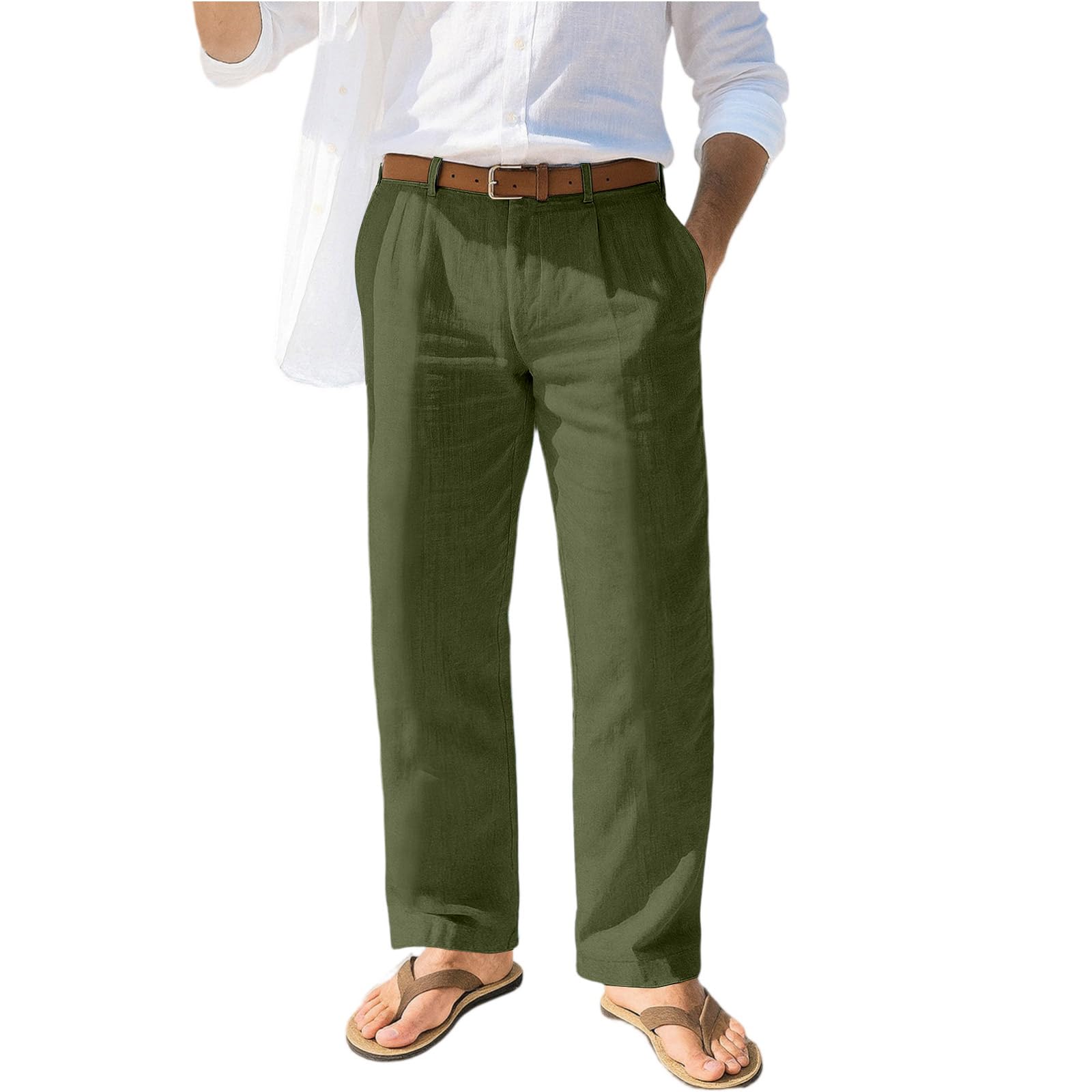Mens Linen Dress Pants Pleated High Waisted Pantalones de Vestir para Hombres Summer Casual Travel Beach Pants