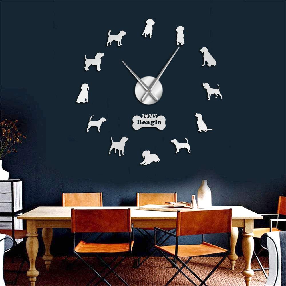 SZG Small Hound Dog Breed English Beagle DIY Wall Art Decoration Giant Wall Clock Beagle Dog Pet Lovers Home Decor Modern Wall mirror (Silver,37")