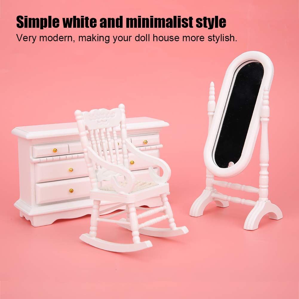 RiToEasysports Ensemble de Meubles de Maison de Poupée, 1:12 Mini Meubles Lit Double Miroir Long Table de Chevet Chaise Armoire Accessoires de Maison de Poupée(6 Trousses)
