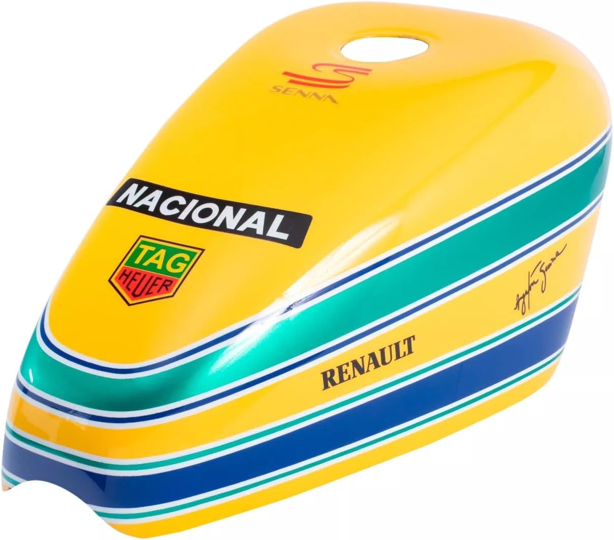 Tank Cover for Forty-Eight 2.2 Gallon Fuel Tank – Senna Tribute Edition – Yellow Racing Design with Green & Blue Stripes – Gloss Finish – Easy Install