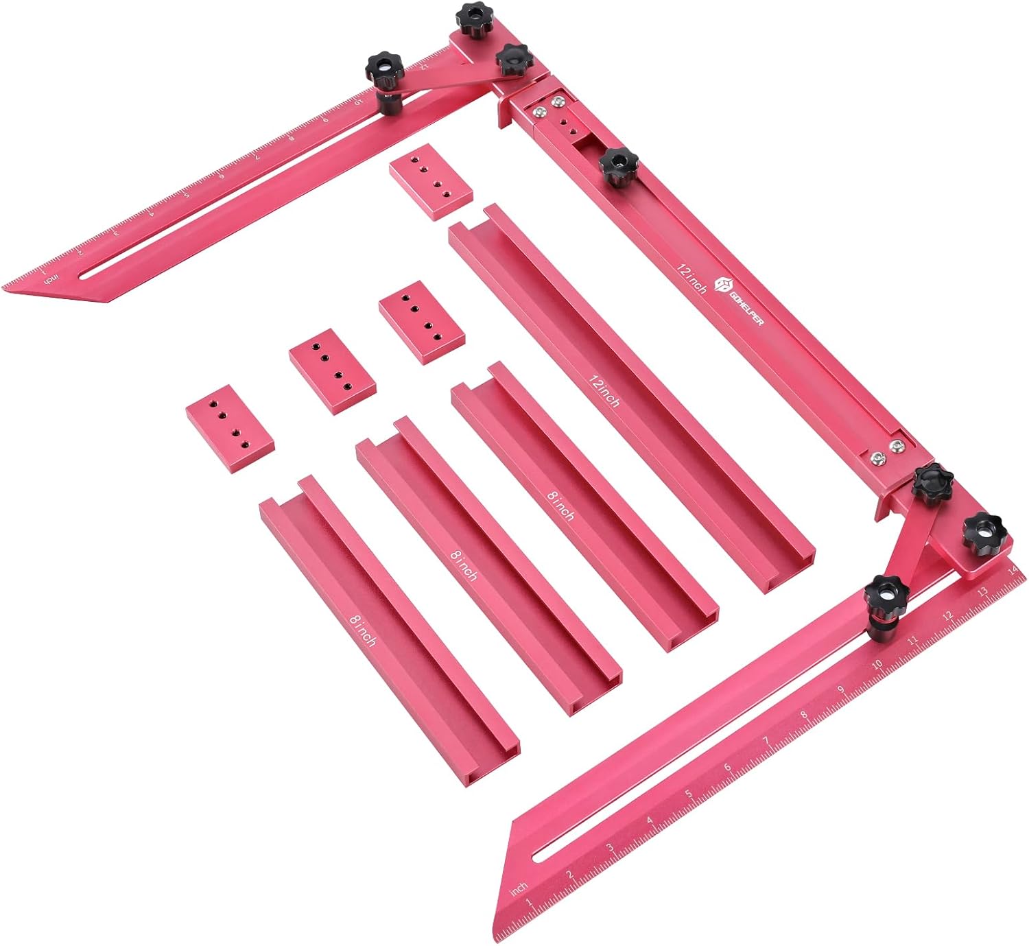 Stair Tread Template Tool, Stair Tread Gauge Measuring Tool Jig with Track, Angled Brace, Flip-Stop, Adjustable Length 16.7" to 62.6" Compatible with Many Types of Layout Projects