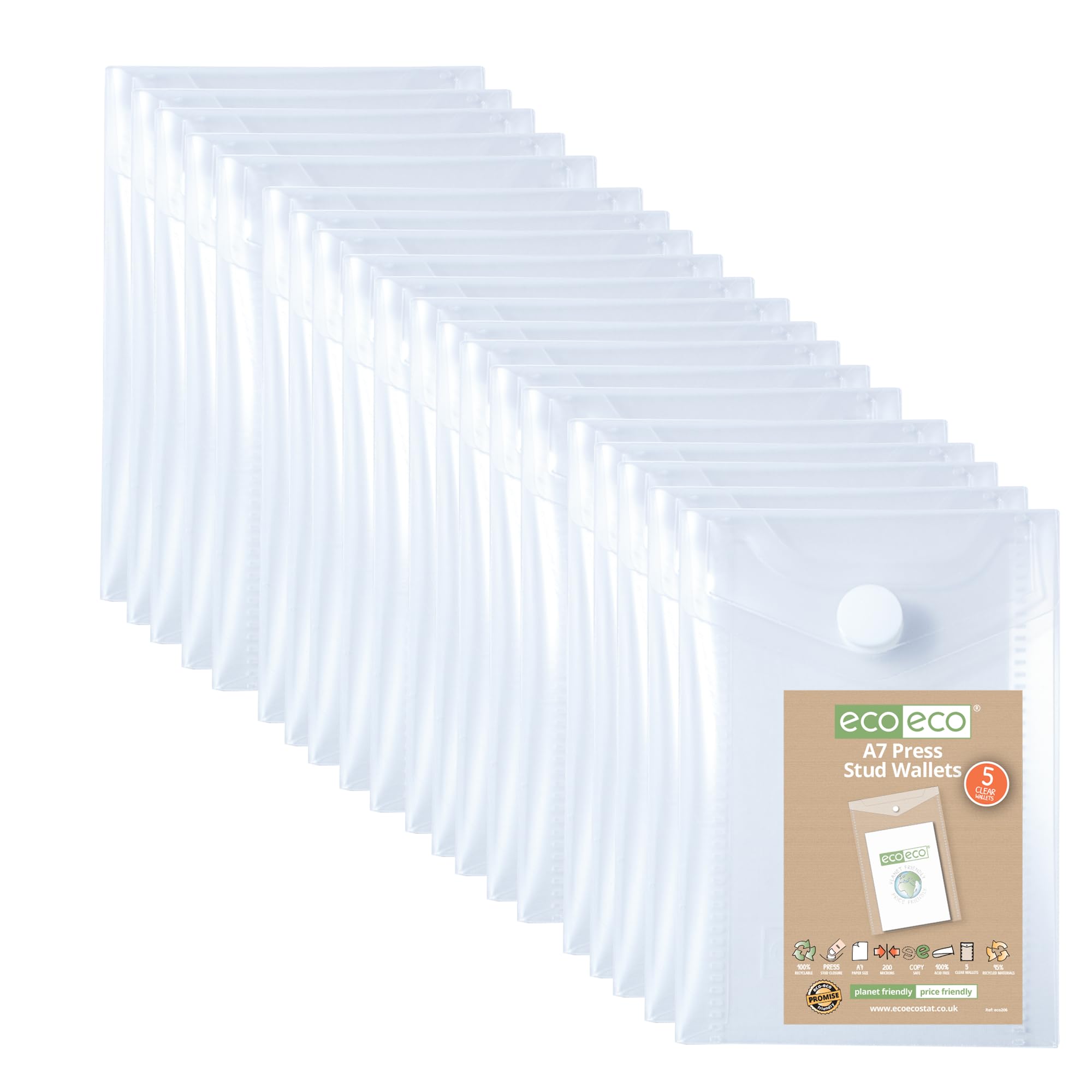 eco-eco Mini 95% Recycled Clear Transparent Portrait Press Stud Popper Wallet, Plastic Folders 74x105mm (Pack of 20), 200mic, eco206x4