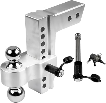 Silver Adjustable Trailer Hitch Fits 2.5" Receiver | 8" Drop/Rise Heavy Duty Aluminum Drop Hitch | Dual Towing Ball 2" and 2-5/16" with Double Stainless Steel Locks | 18500 LBS GTW Tow Hitch