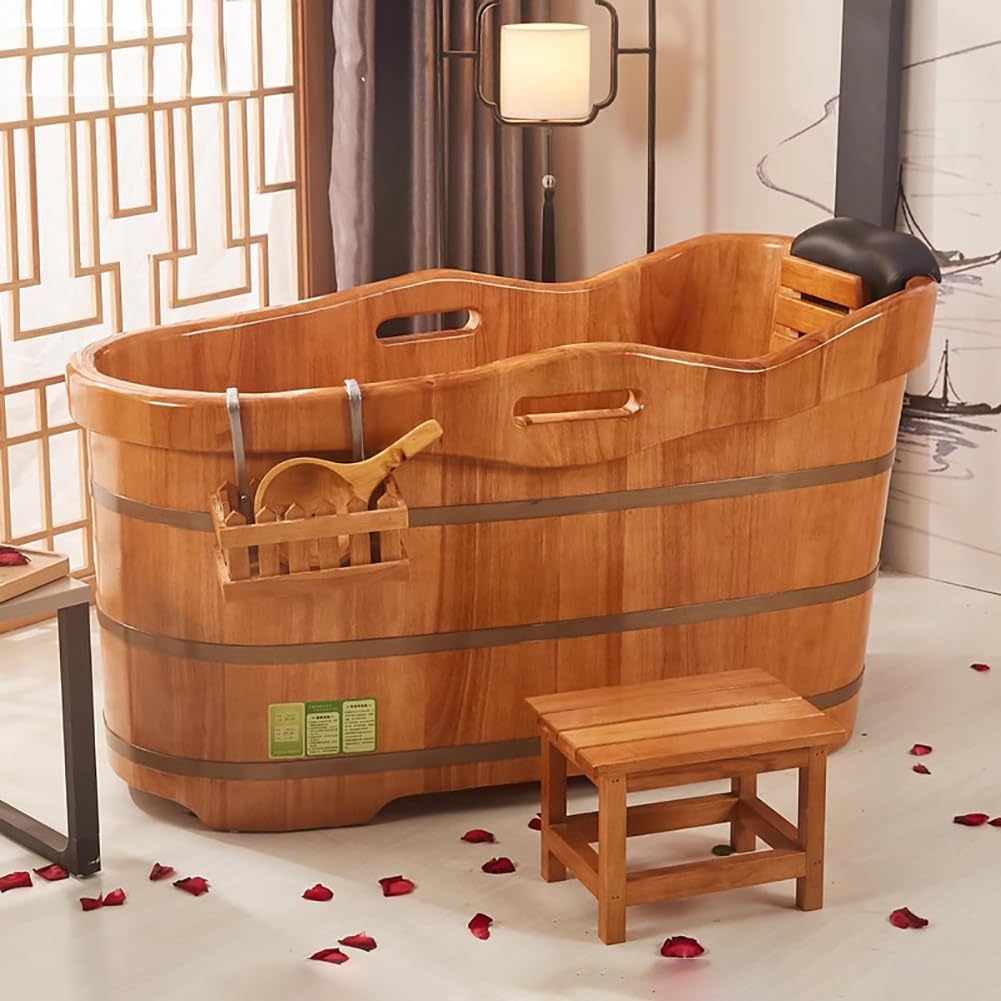 Bañera De Madera Maciza, Bañera De Madera con Reposacabezas, Banco Y Válvula De Agua, Bañera con Pala De Agua, Juego De Bañera Tradicional Japonesa De Roble Simple,L140cm