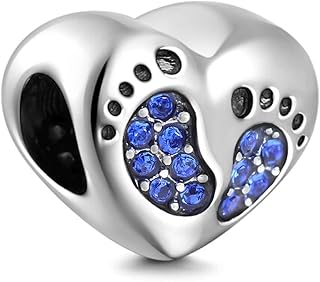 925 Sterling Silver Heart Charm Baby Charm Footprint Charm Birthday Charm Birthstone Charm Anniversary Charm for Pandora Charms Bracelet (Blue), Sterling Silver