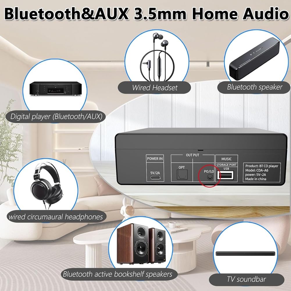 HiFi CD-Player für Zuhause, Tragbarer Bluetooth-Auto-CD-Player mit USB-Ripping, CD-Ripper, Optischem und AUX-Ausgang