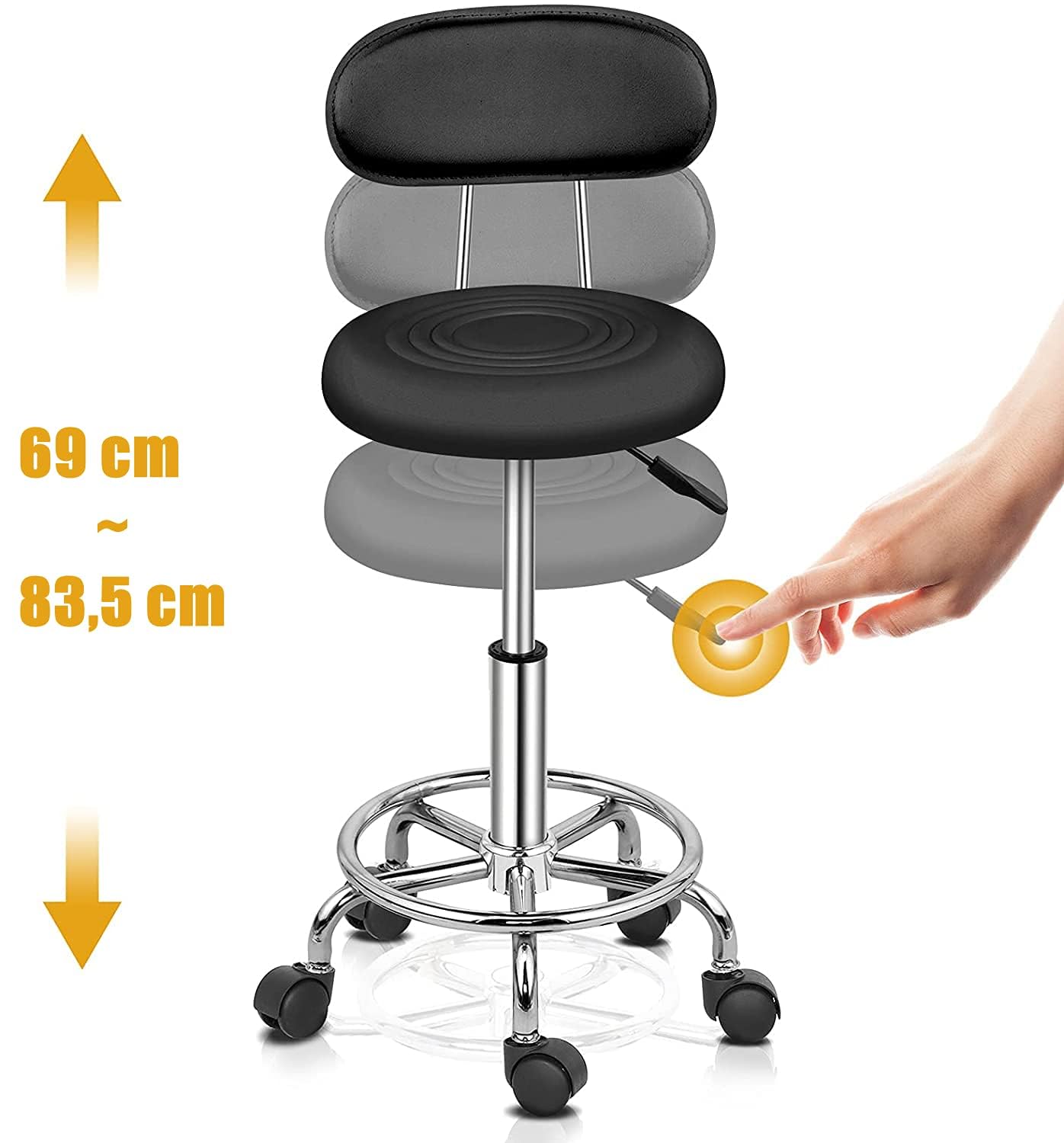 Taburete con Ruedas, Taburete Ergonómico con Respaldo, Giro de 360 Grados, Altura Ajustable de 48 a 58 cm para Oficina, Salón, Bar, SPA (1, Negro)