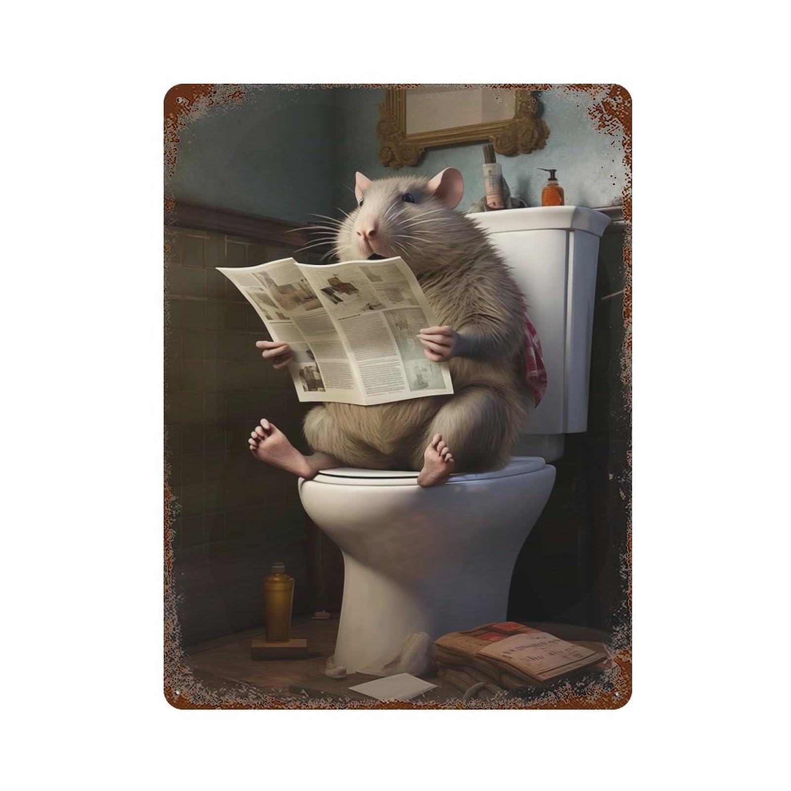Rust Effect Fat Rat Toilet Newspaper Weathered Tin Sign 15.7"x11.8", Shabby Chic Decor for Cafe, Home Bar And Lounge Decor