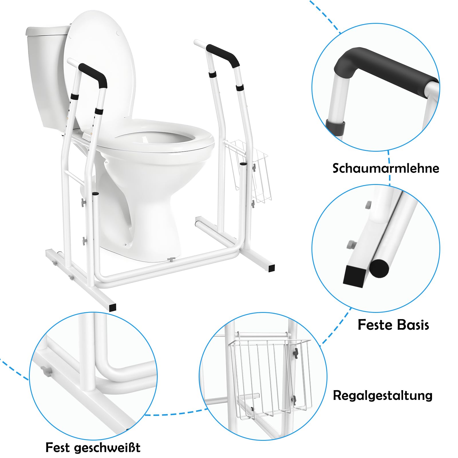AUFUN Mobile WC-Aufstehhilfe Toiletten mit Ablagekorb - rutschfest höhenverstellbar Toilettenstützgestell - Toiletten Halteschiene 790 x 550 x 680-780mm,weiß