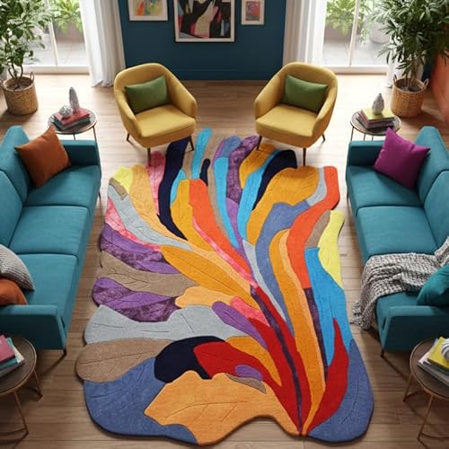 Handmade Irregular Shape Wool and Silk Area Rug – Unique Contemporary Botanical Design, Thick & Soft Colorful Carpet for Living Room & Bedroom Decor (Multi A, 8' x 10')