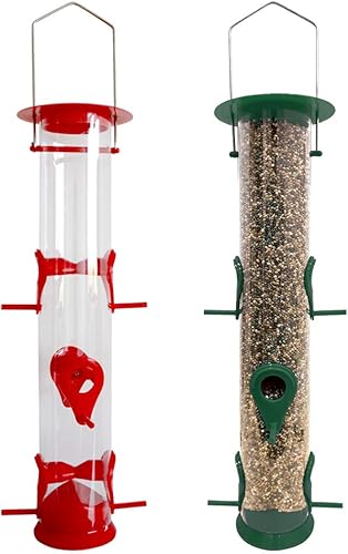 MIXXIDEA Comederos colgantes de tubo de comedero para pájaros, 6 puertos de plástico duro de alta calidad con colgador de acero resistente a la