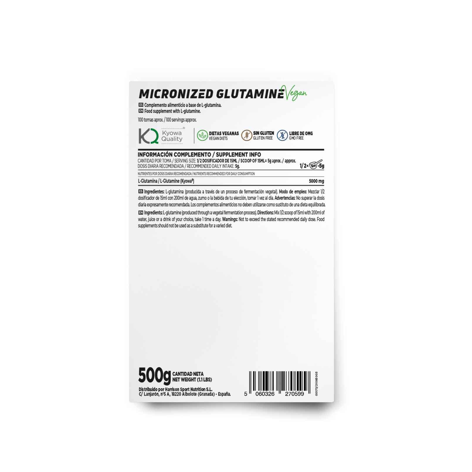Glutamina Kyowa - Máxima Pureza - en Polvo de HSN | Sin Sabor 500 g = 100 Tomas por Envase 100% Pura L-Glutamina Micronizada | No-GMO, Vegano, Sin Gluten