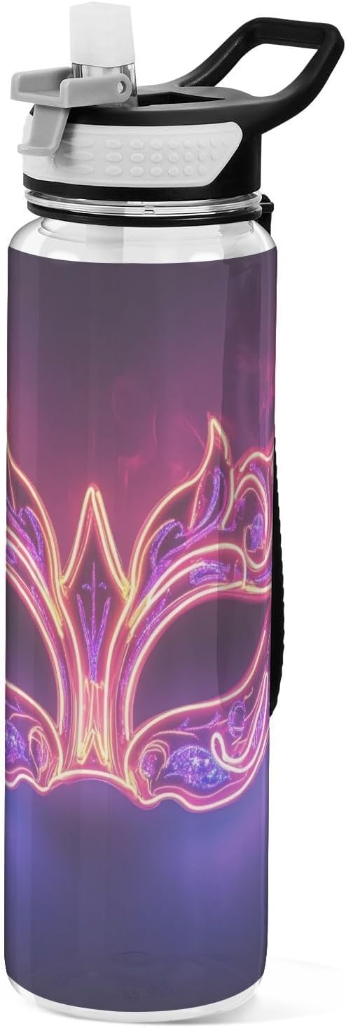 Carnival Masquerade Mask Pattern Water Bottle with Straw Lid 32oz Leakproof Clear Gym Water Bottles for Women Men Outdoor Sport Drinking