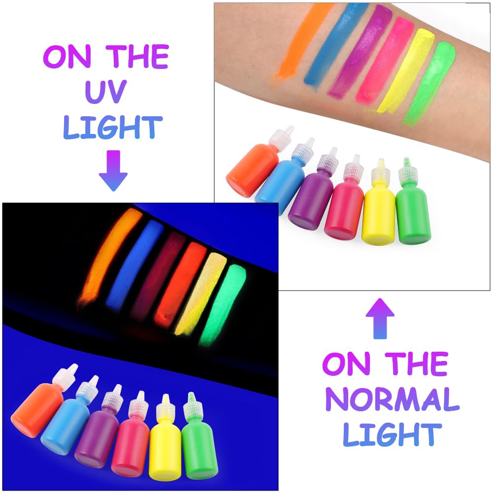 LOPHE Farba do twarzy dla dzieci, zestaw do malowania twarzy 6*30 ml, neonowa farba do twarzy z lampą UV, fluorescencyjne farby do twarzy i ciała, hipoalergiczny, makijaż UV Halloween Festival (zestaw