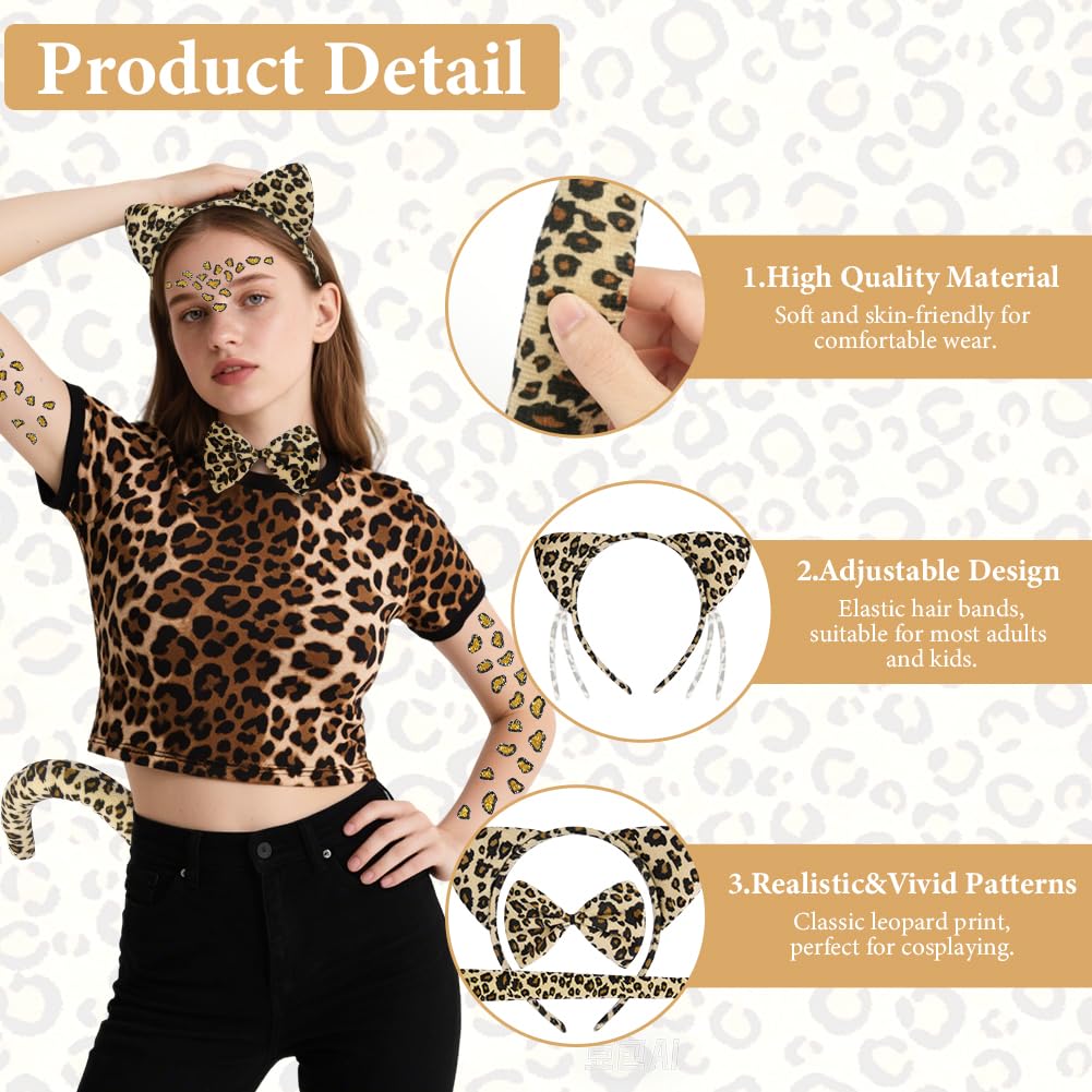 Alaoo 4 Pcs Cosplay head Set. Contains Plush Ears, Tail, Bow Tie and Tattoo Stickers, Leopard - Image 2