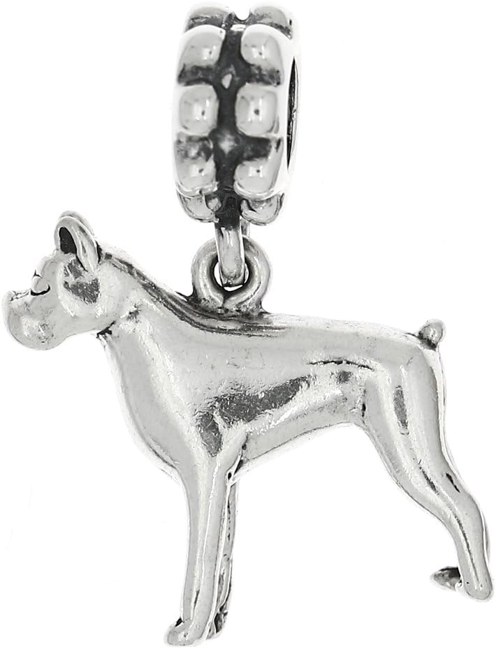 LGU Sterling Silver Oxidized 3D Boxer Dog Dangle Bead Charm