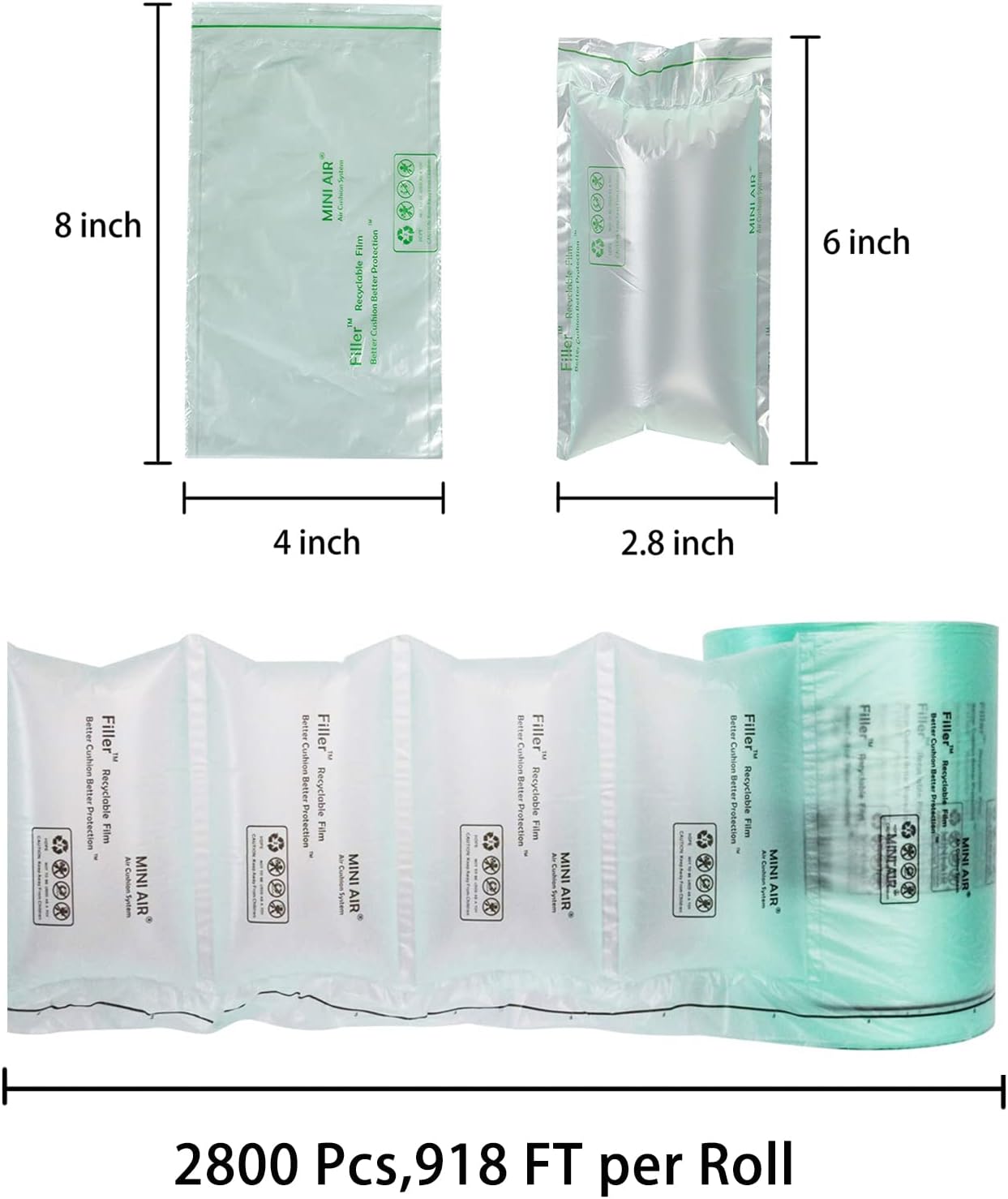 MINI AIR EASI Air Pillows for Shipping, Packaging Air Bags for Mini Air Easi EA1 White Machine, 8"X4" 918FT Inflatable Supplies Box Filler, Air Cushion Film, 4 Roll