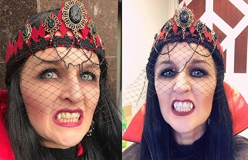 Miniatura 7 de COOLJOY 3 tamaños de dientes de colmillos de vampiro con adhesivo para Halloween, accesorios de cosplay de terror blanco, accesorios de dientes