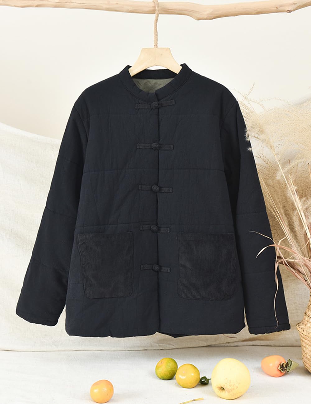 NFYM Manteaux chinois rembourrés en coton pour femme, grenouille boutonnée, veste d'hiver matelassée avec poches