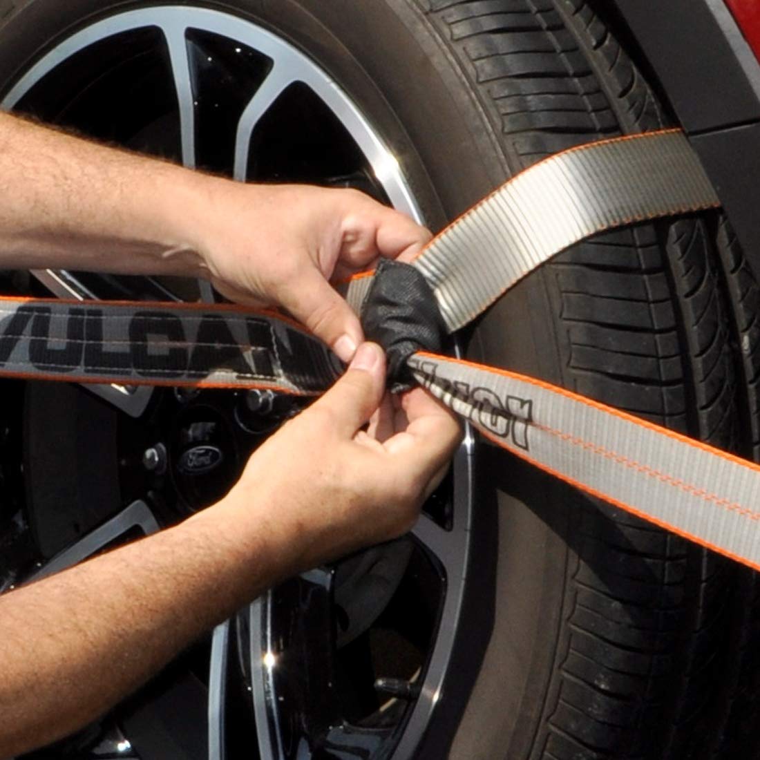 VULCAN 8-Point Roll Back Vehicle Tie Down Kit with Snap Hook on Strap Ends and Chain Tail on Ratchet Ends - Set of 4 - Silver Series