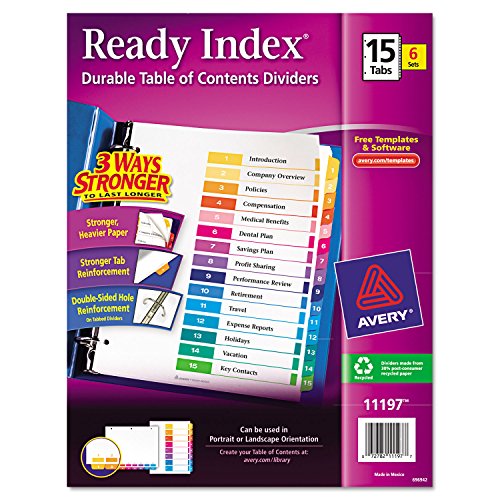 Avery 15 Tab Dividers for 3 Ring Binders, Customizable Table of Contents, Multicolor Tabs, 6 Sets (11197)