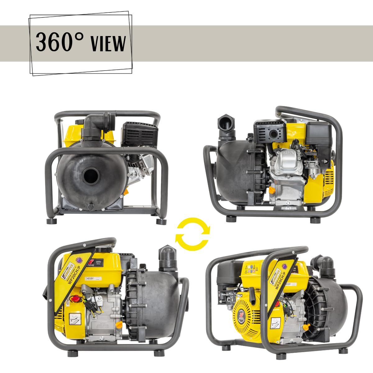 Pompe à eau propre et chimique portable 60 000 l/h hauteur de refoulement 30 m moteur essence 4 temps 3600 tr/min accessoires inclus WASPPER WP20CH-P