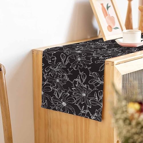 Miniatura 5 de HOSNYE Camino de mesa negro y blanco con diseño de magnolia japonesa, decoración de camino de mesa de lino y algodón para cocina, mesa familiar,