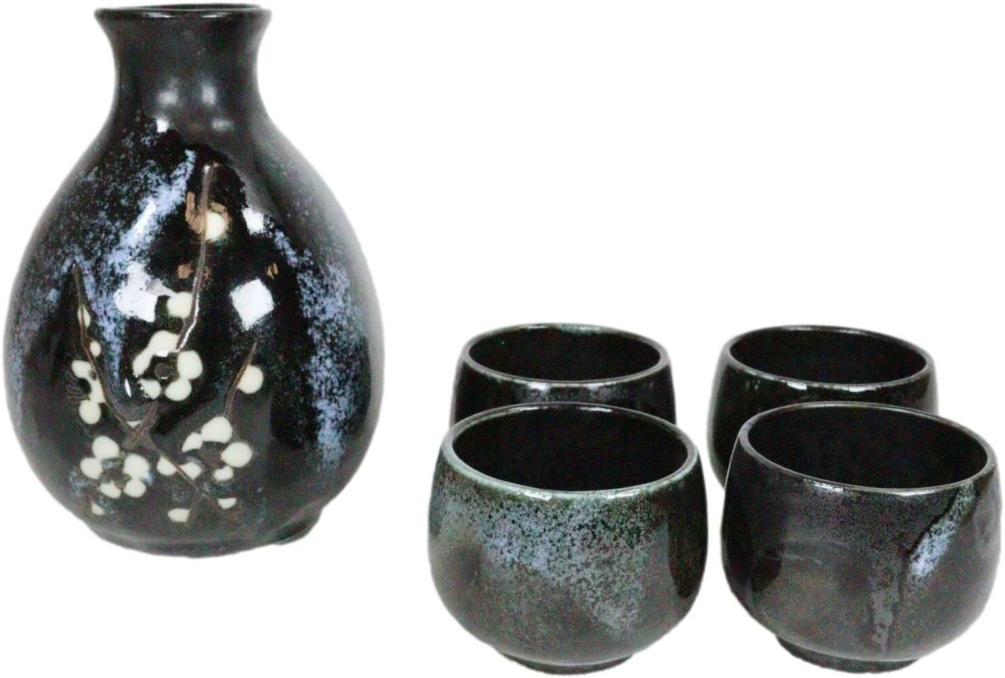 Set Of 1 Ceramic Midnight White Cherry Blossoms Sake Flask With 4 Cups Set