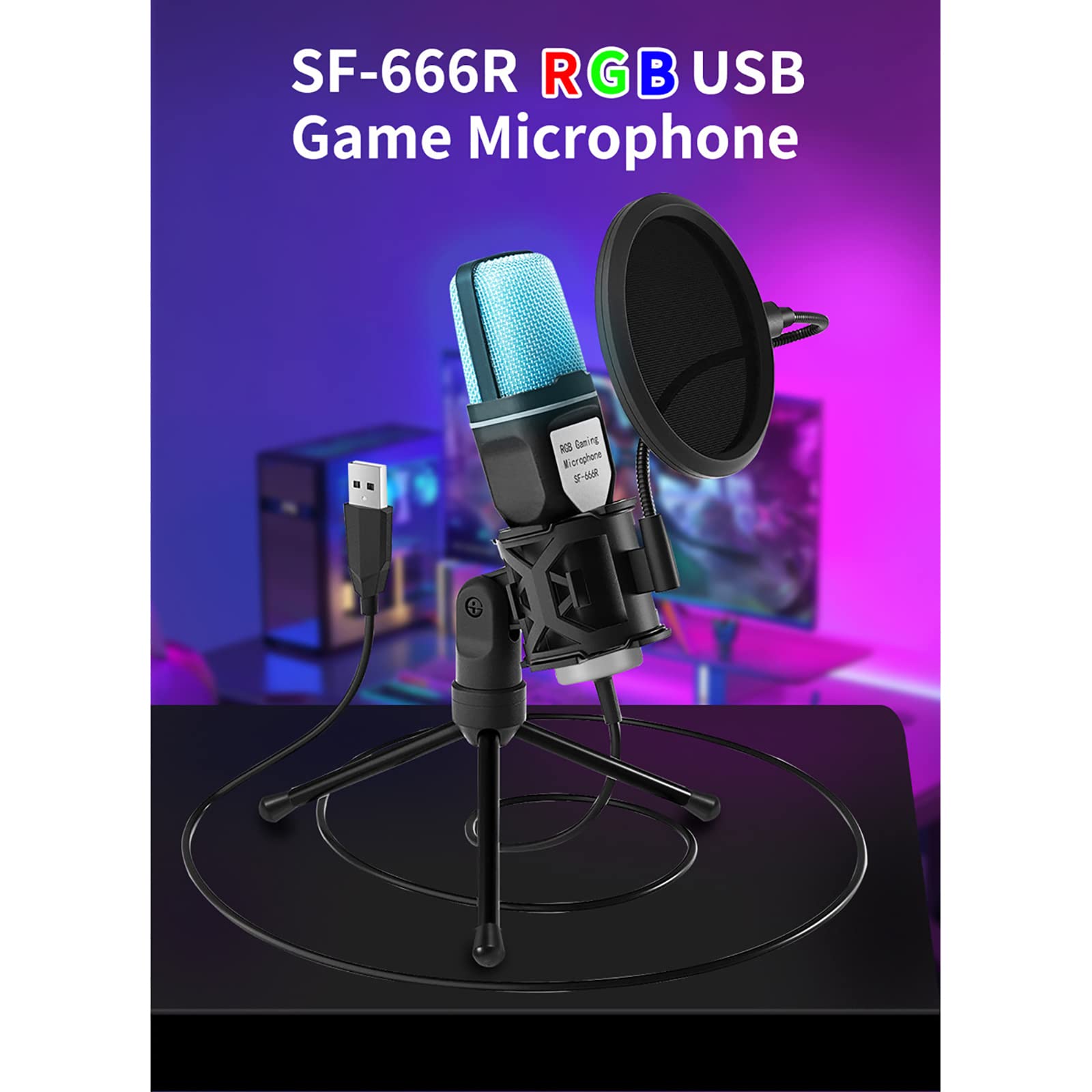 Mikrofon Komputerowy, RGB 7 Mikrofon Do Grania Z Gradientem Kolorów Z Filtrem Pop I Składanym Stojakiem Do Studia Podcastów Streaming Laptop Komputer Stacjonarny