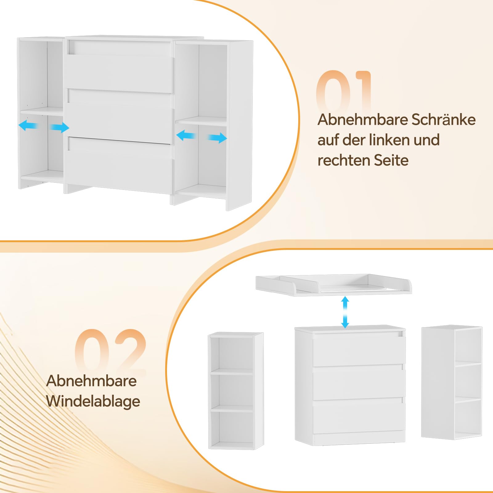 2-in-1 Wickelkommode mit abnehmbarem Wickelaufsatz,Baby Wickeltisch Weiß, Kommode mit 3 Schubladen & 6 Seitlichen Regalen, Viel Stauraum für Babyzimmer,73x70x85.8.6cm,Weiß