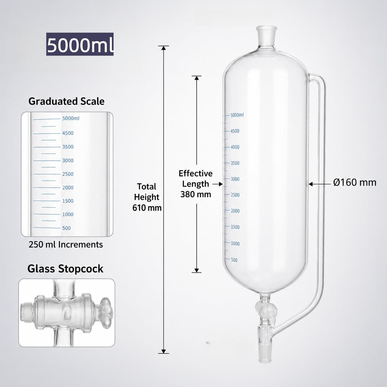 Embudo Graduado Igualación Presión Vidrio Borosilicato Llave Lab-5000mL 24/29#