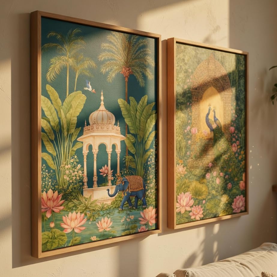 Image of Livin'luxe Royal Peacock Palace Garden Wall Painting Set of 2 with Wooden Frames | Vintage Mughal Garden Artwork HD Sparkle Laminated MDF Wall Decor | Traditional Indian Wall Art for Living Room