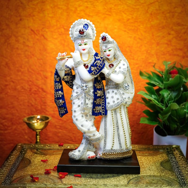 Ekhasa Aura Series Marble Dust Radha Krishna Murti (8 inch, Medium Size) | Gemstone Zircon Studded Radha Krishna Statue | Resin Radha Krishna Idol | Radhe Krishna ki Murti for Pooja, White, Religious