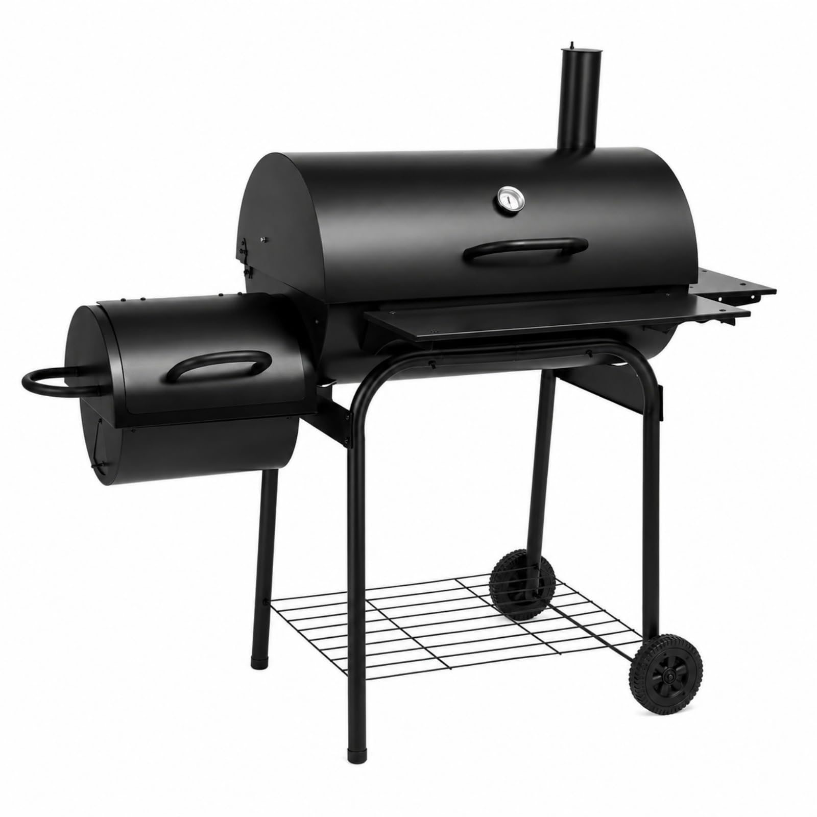 Barbecue a Carbonella con Affumicatore Laterale, Griglia 73x42 cm, Nero | Con termometro sul coperchio, camino, 3 griglie, ripiani portaoggetti e ruote; per giardino, terrazza e campeggio