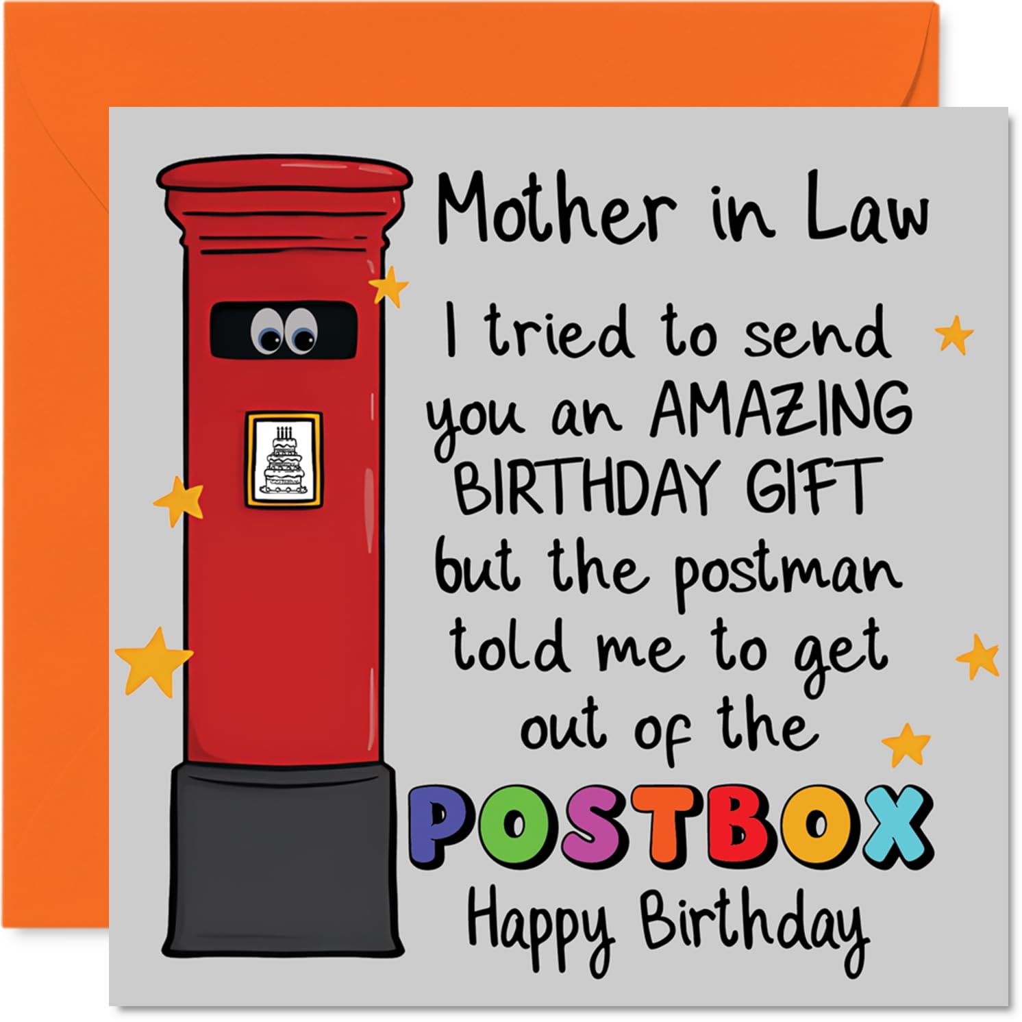 Funny Birthday Card for Mother in Law - When Your Gift's Too Epic for the Postbox - Cartoon Postbox & Googly Eyes - Sure to Deliver Laughs - 145mm Square, Envelope Included