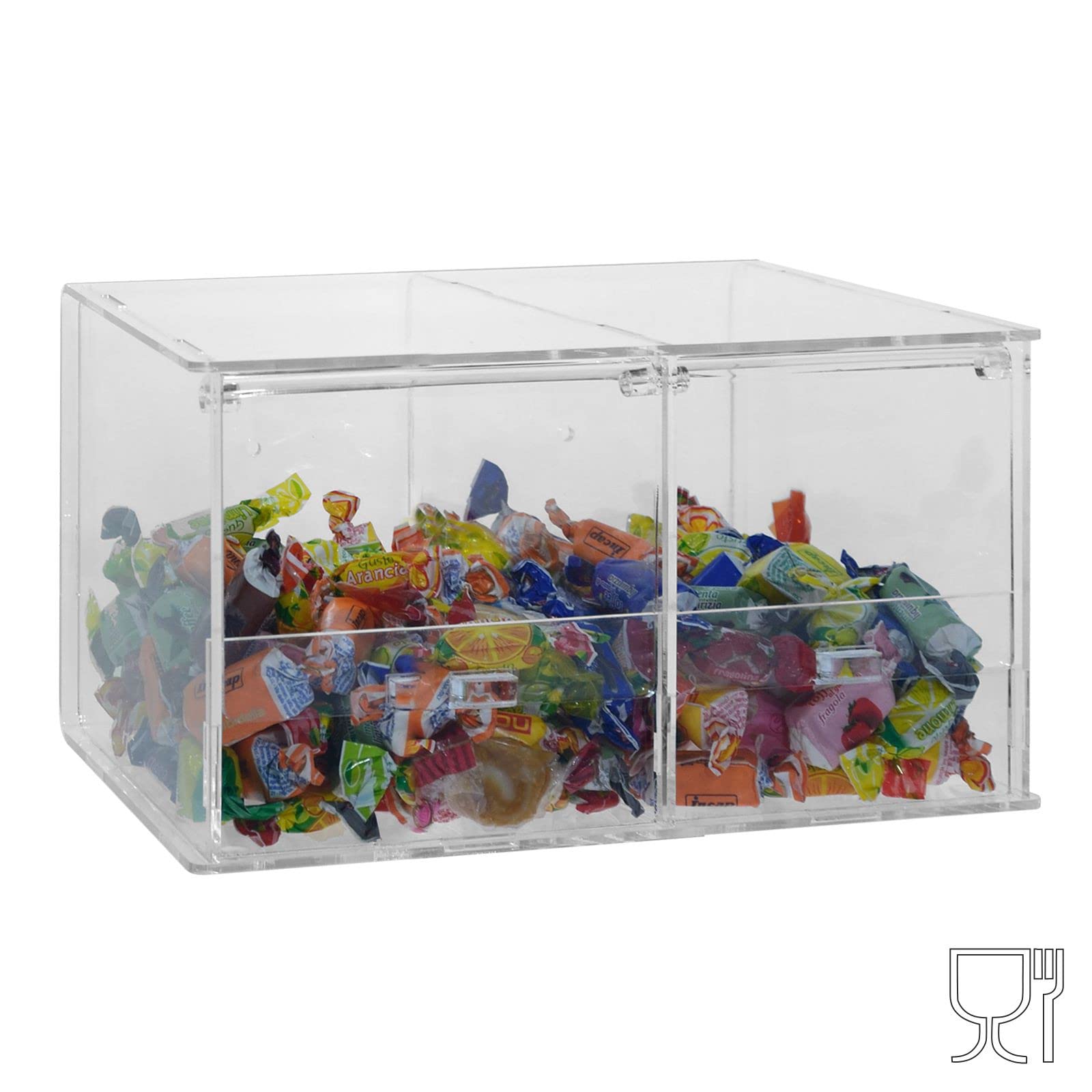 Porta caramelle confezionate da banco o da parete in plexiglass trasparente CON sportello a 2 scomparti - Misure totali: L 26.5 x P 18 x H 17 cm